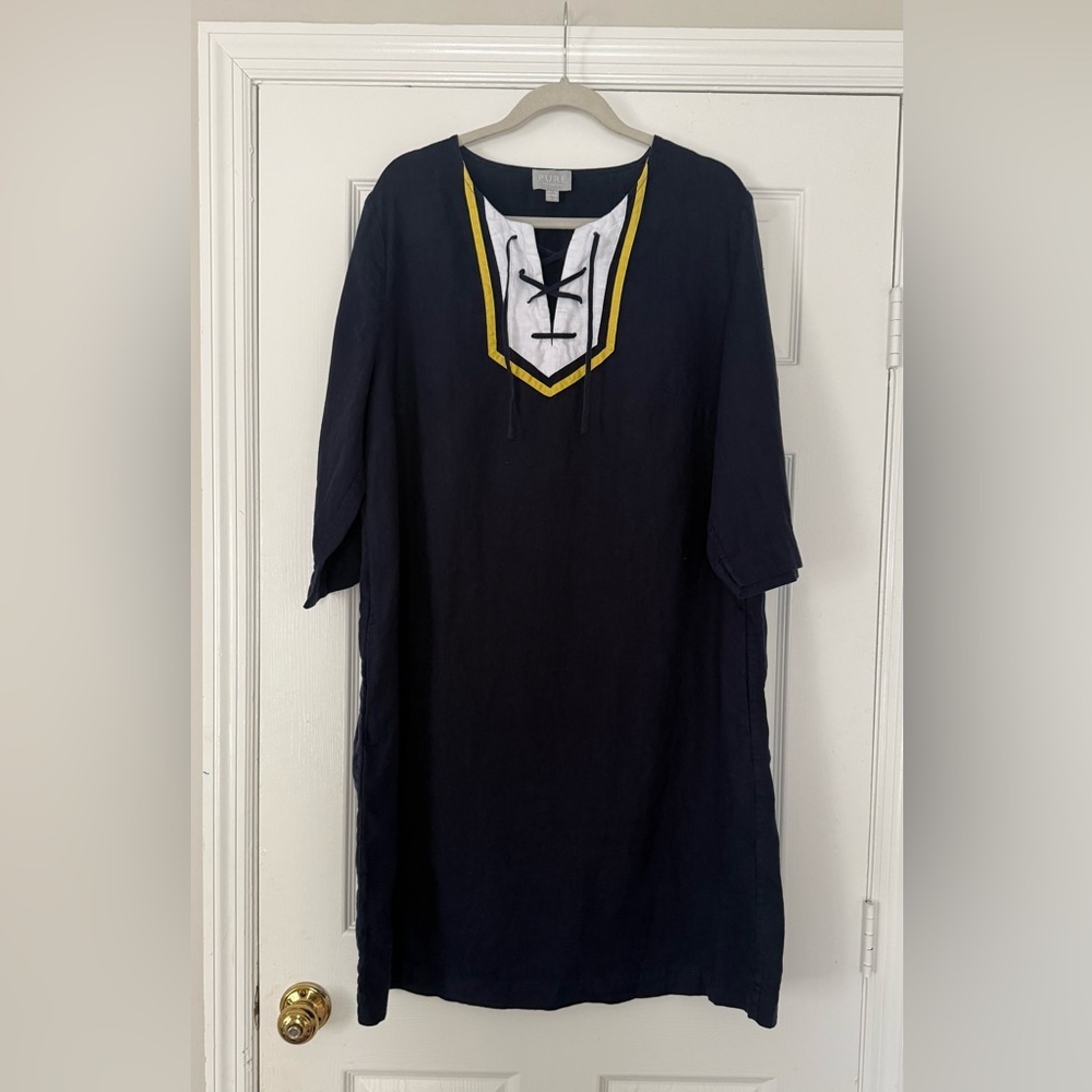 Pure‎ collection 100% linen navy blue 3/4 sleeve midi tunic dress size 14/16